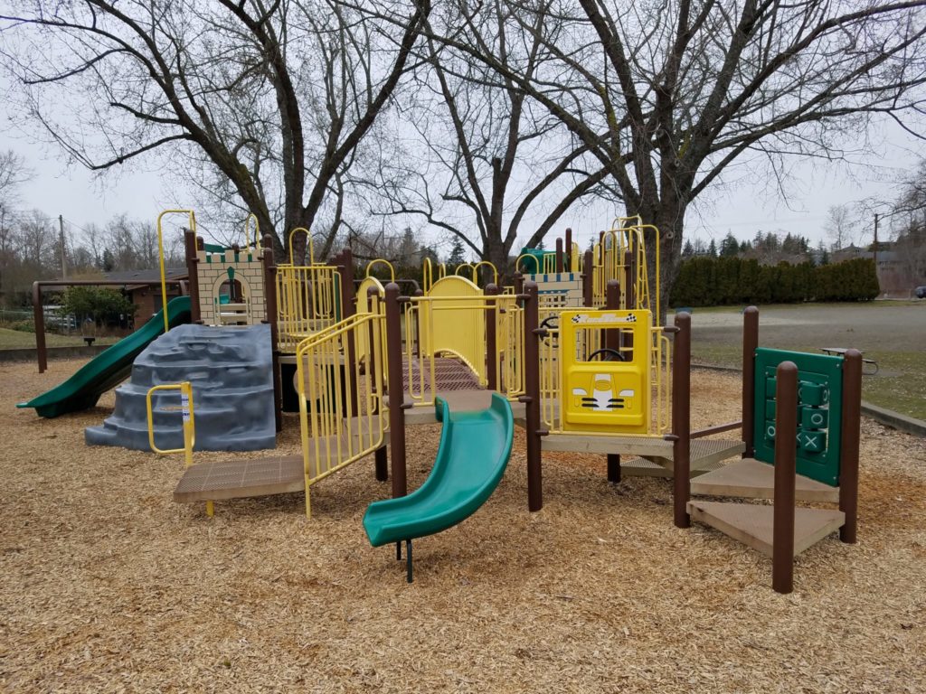 This popular play structure is a huge draw at the park. Mulch creates a soft play surface and keeps the area drained of rainwater.