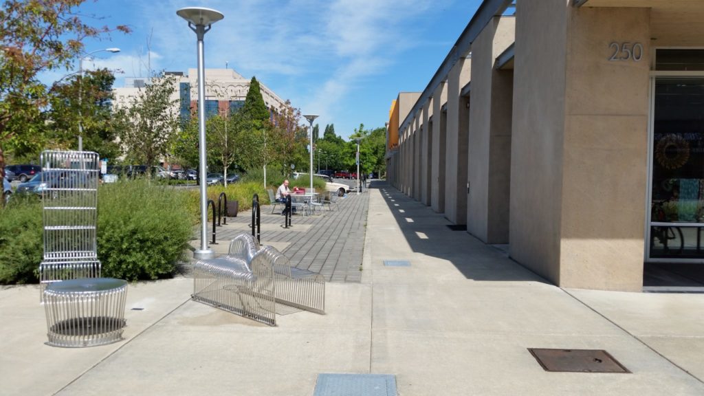 The sidewalk at the museum demonstrates the benefits such as textural interest and separation of public spaces from the road provided by low-impact stormwater management.