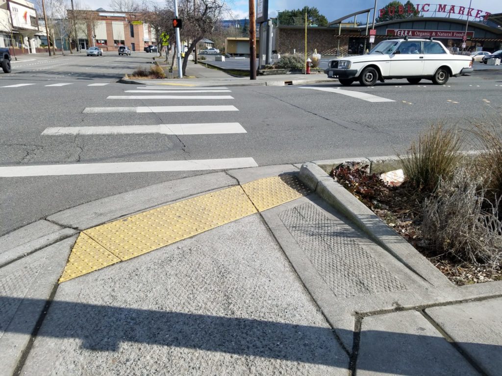 The bumpouts associated with the rain gardens at Flora Street are engineered to provide safer pedestrian passage as well as improved access for people with strollers, walkers, canes, or wheelchairs.