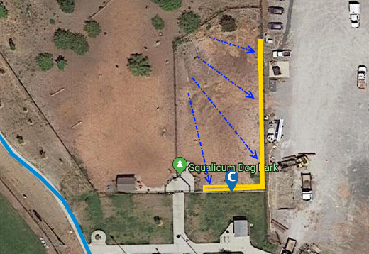 Runoff from the dog park is collected in the narrow L-shaped infiltration basin along the fence as shown in yellow.