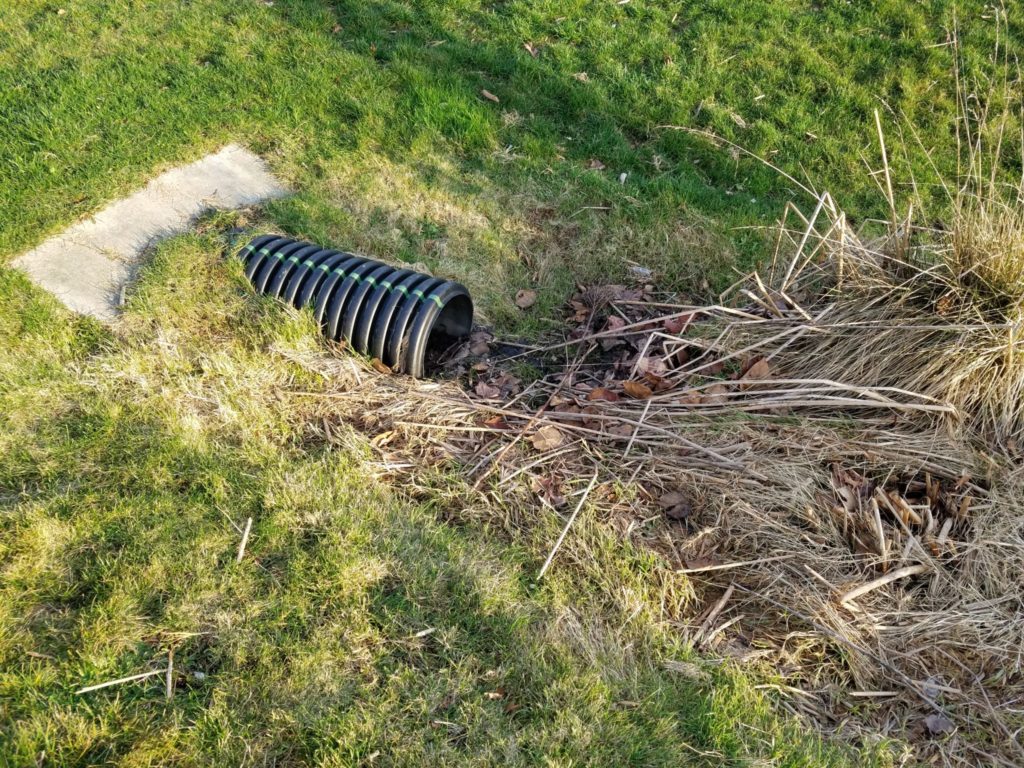 This pipe carries water from the parking lot to the rain garden. The gravel at the end of the black pipe prevents erosion and captures sediment.