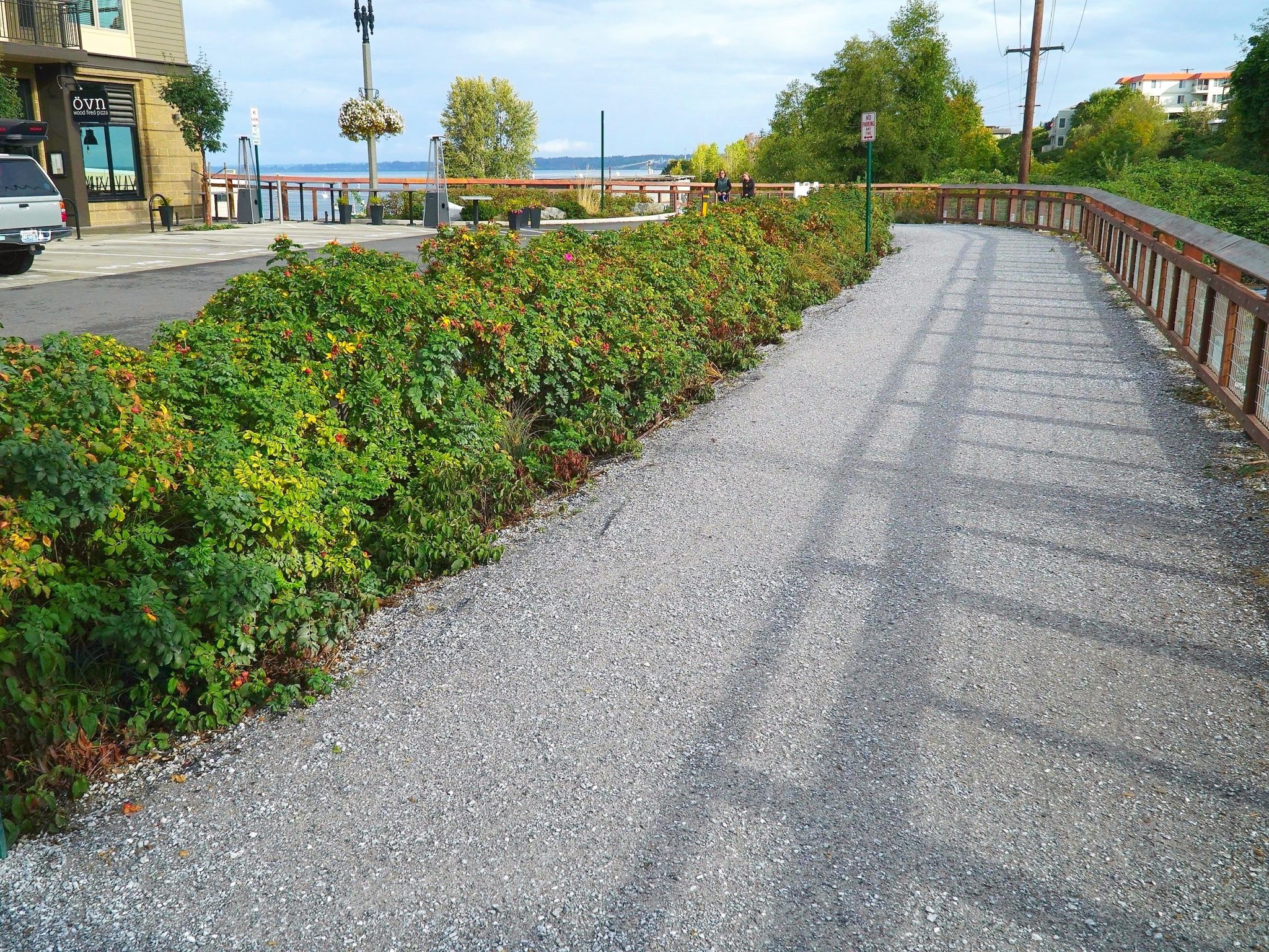 The gravel trail surface is too hard to soak up rainwater, so the runoff flows off the gravel instead and into the linear rain garden on the left.